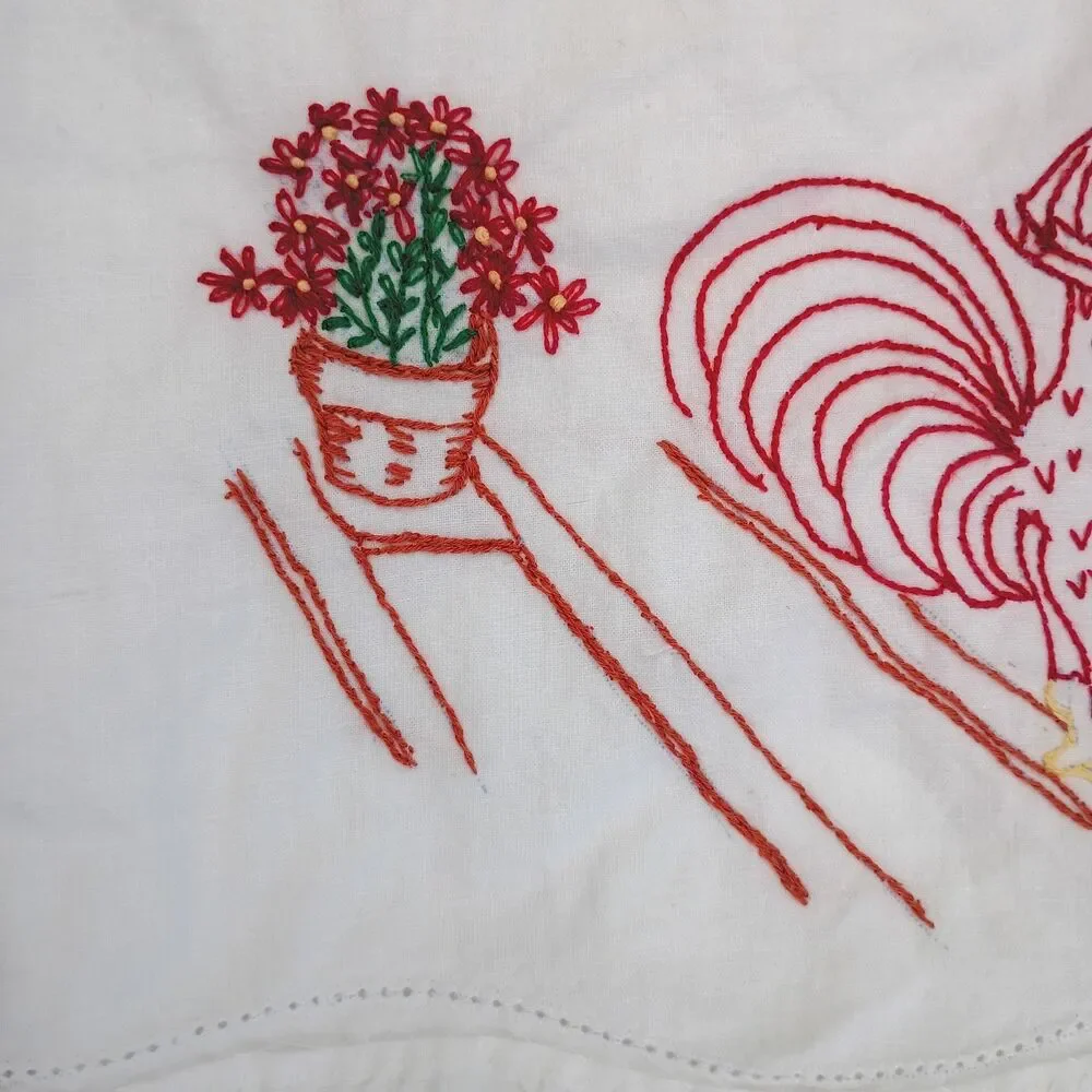 VTG Hand Embroidered Rooster Pillowcase White Eyelet Trim 20x30 Queen Cottage